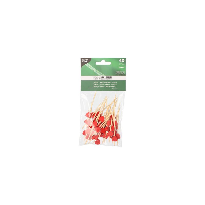 In einem kleinen Plastikbeutel der PAPSTAR GmbH sind 40 nachhaltige Holzzahnstocher mit roter, runder Spitze enthalten. Die Verpackung eignet sich perfekt als Fingerfood-Picker und ist mit weißem Text auf grünem Hintergrund versehen.