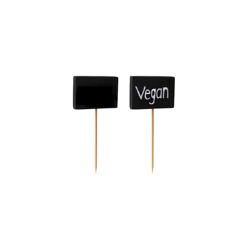 Zwei kleine rechteckige schwarz beschreibbare Tafel-Lebensmittelpicker von PAPSTAR GmbH (PAPSTAR 100 Fingerfood - Picker) mit Bambus Holz Spieße; einer blanko, einer weiß beschriftet "Vegan", beide hochkant auf weißem Grund - ideal für Fingerfood.
