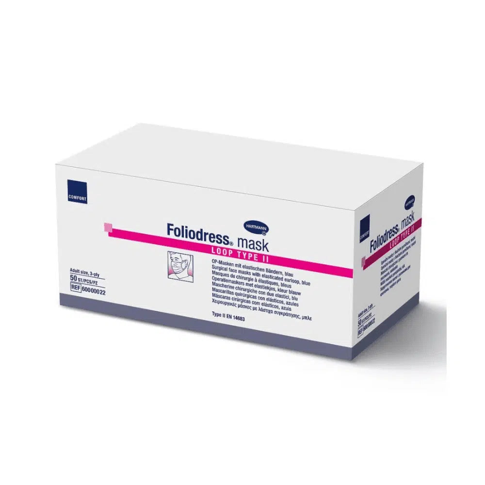 Eine weiße rechteckige Schachtel mit Paul Hartmann AG Auslaufartikel: Foliodress® Chirurgische OP-Maske (50 Stück), mit blauen und rosa Akzenten, Filterdetails, Hypoallergen-Branding und Produktinformationen auf der Oberseite und an den Seiten.