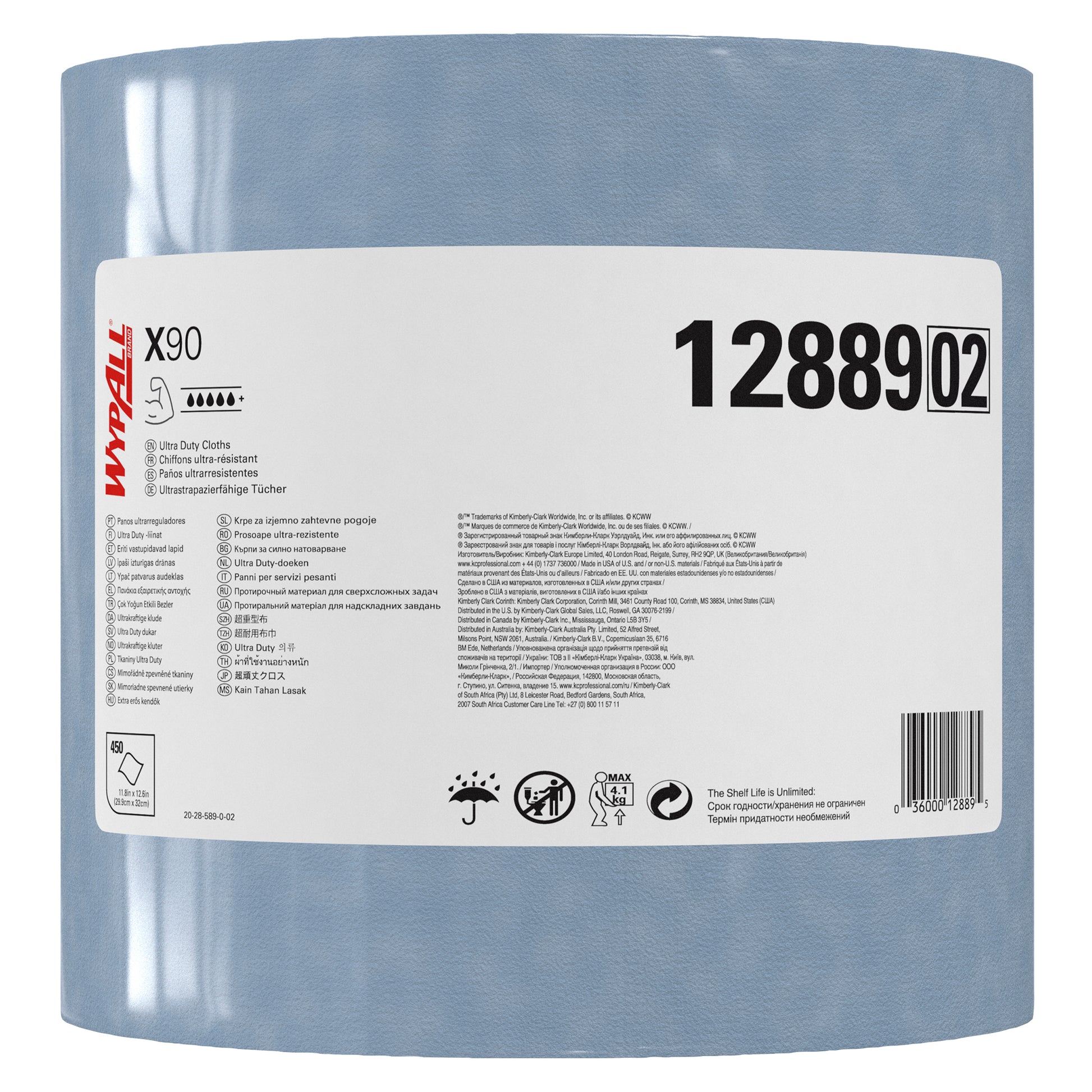Eine große Rolle blaues WypAll® X90 PowerClean (Kimberly-Clark GmbH), Produktnummer 12889, mit einem weißen Etikett mit Anwendungshinweisen, Zertifizierungen und Symbolen; enthält 450 Blatt pro Rolle in einem Karton.