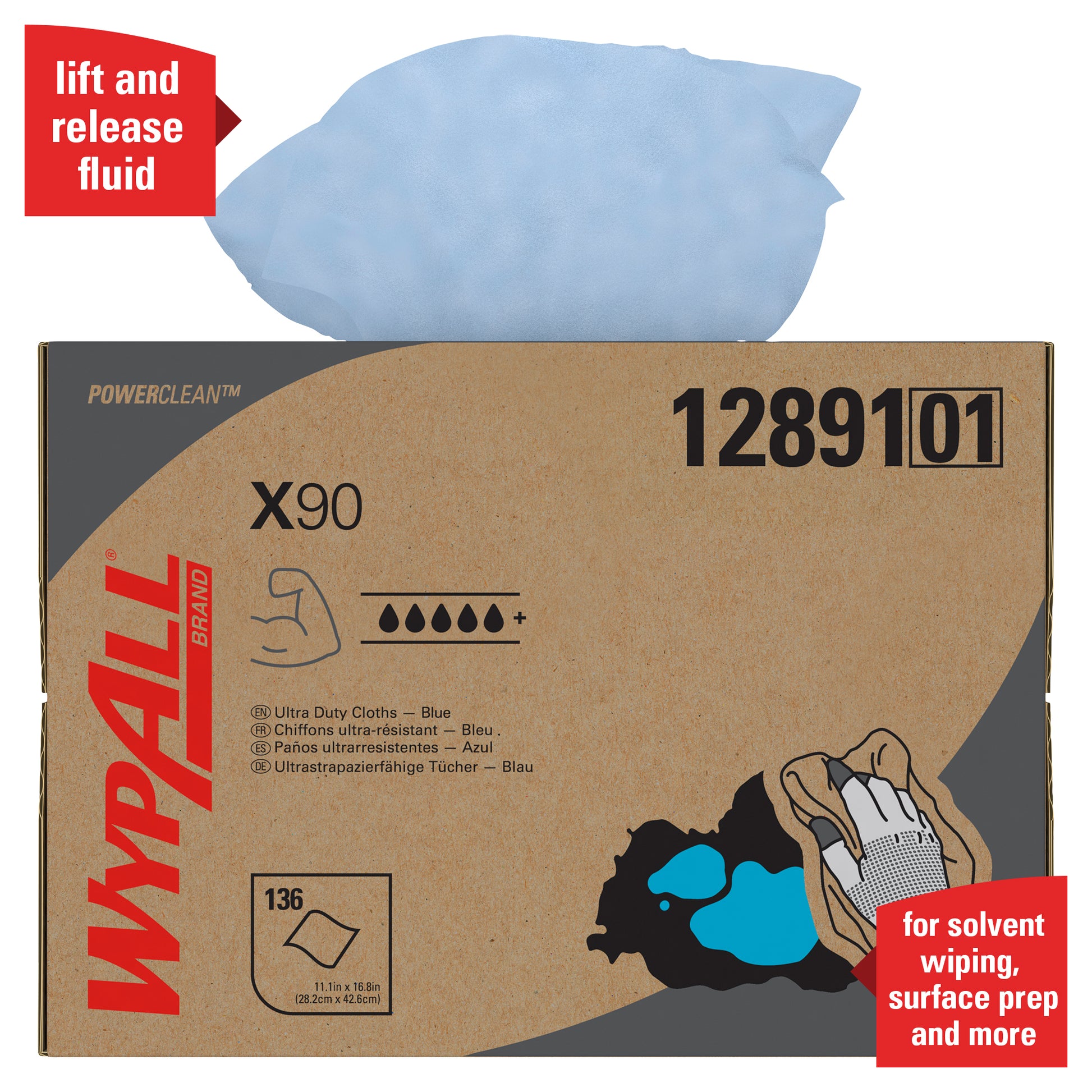 Ein blaues WypAll® X90 PowerClean-Tuch wird aus der braunen BRAG™ Box der Kimberly-Clark GmbH ausgegeben. Die Box enthält 136 ultratrockene Tücher für die Reinigungslösung, das Abwischen mit Lösungsmitteln und die Oberflächenvorbereitung; rote Banner heben die Merkmale hervor.