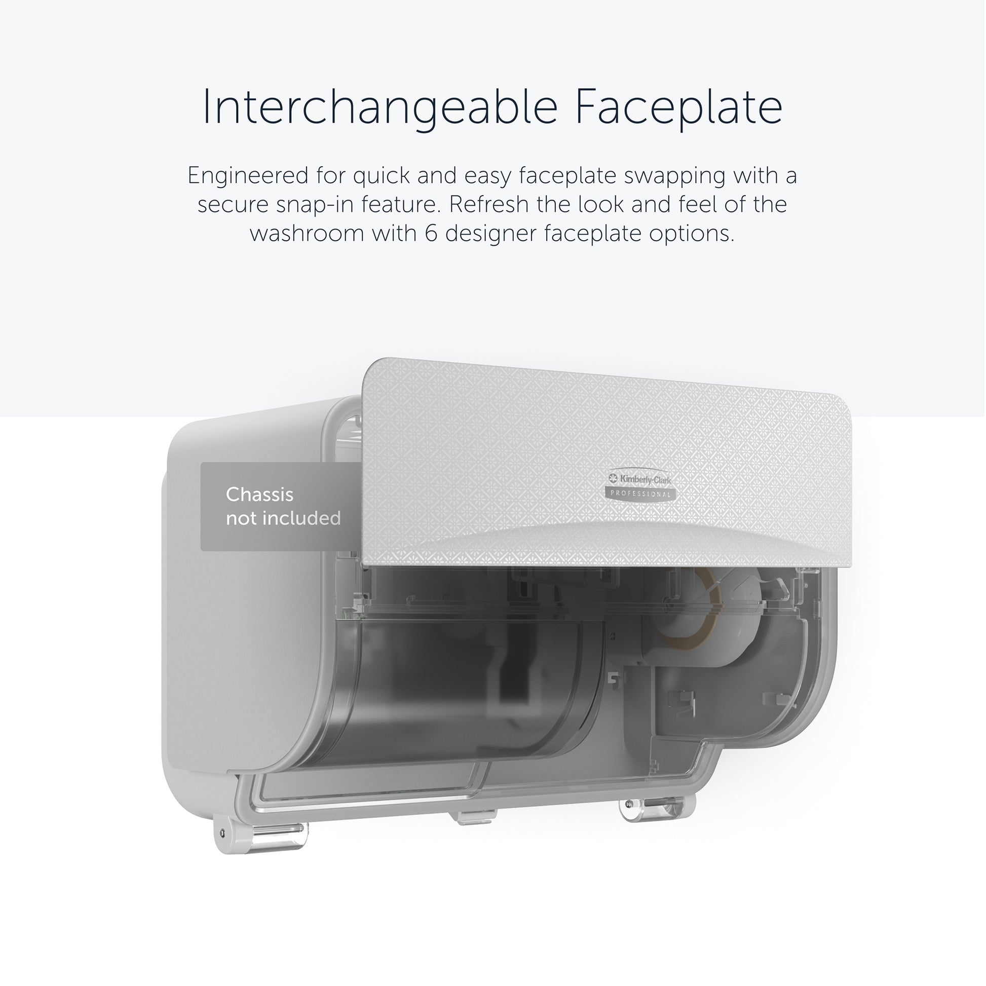 Ein an der Wand montierter Kimberly-Clark Professional™ Icon™ Spender mit einer haltbaren, strukturierten SRBH-Frontplatte (32,39 x 10,80 x 3,18 cm) ist teilweise geöffnet und zeigt das leicht austauschbare Design; nur Frontplatte - Gehäuse nicht enthalten. Marke: Kimberly-Clark GmbH.