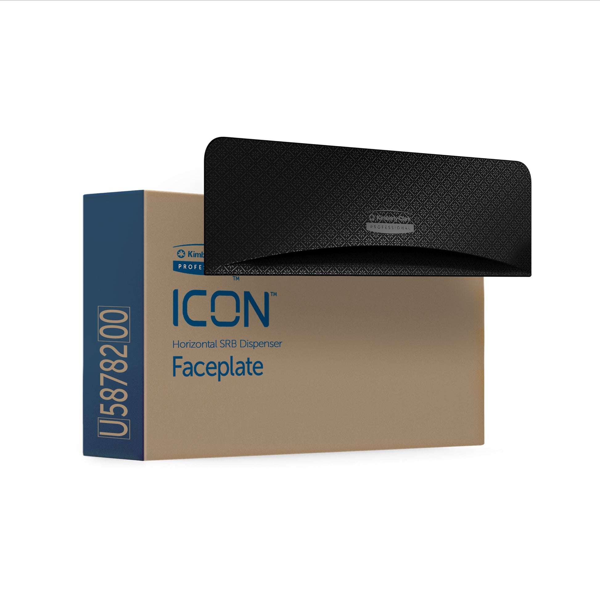 Eine rechteckige Schachtel mit der Aufschrift "Kimberly-Clark Professional™ Icon™ Dispenser Faceplate - SRBH" (32,39x10,80x3,18 cm) von Kimberly-Clark GmbH zeigt die schwarze, strukturierte Faceplate, die teilweise aus der Verpackung entfernt wurde.