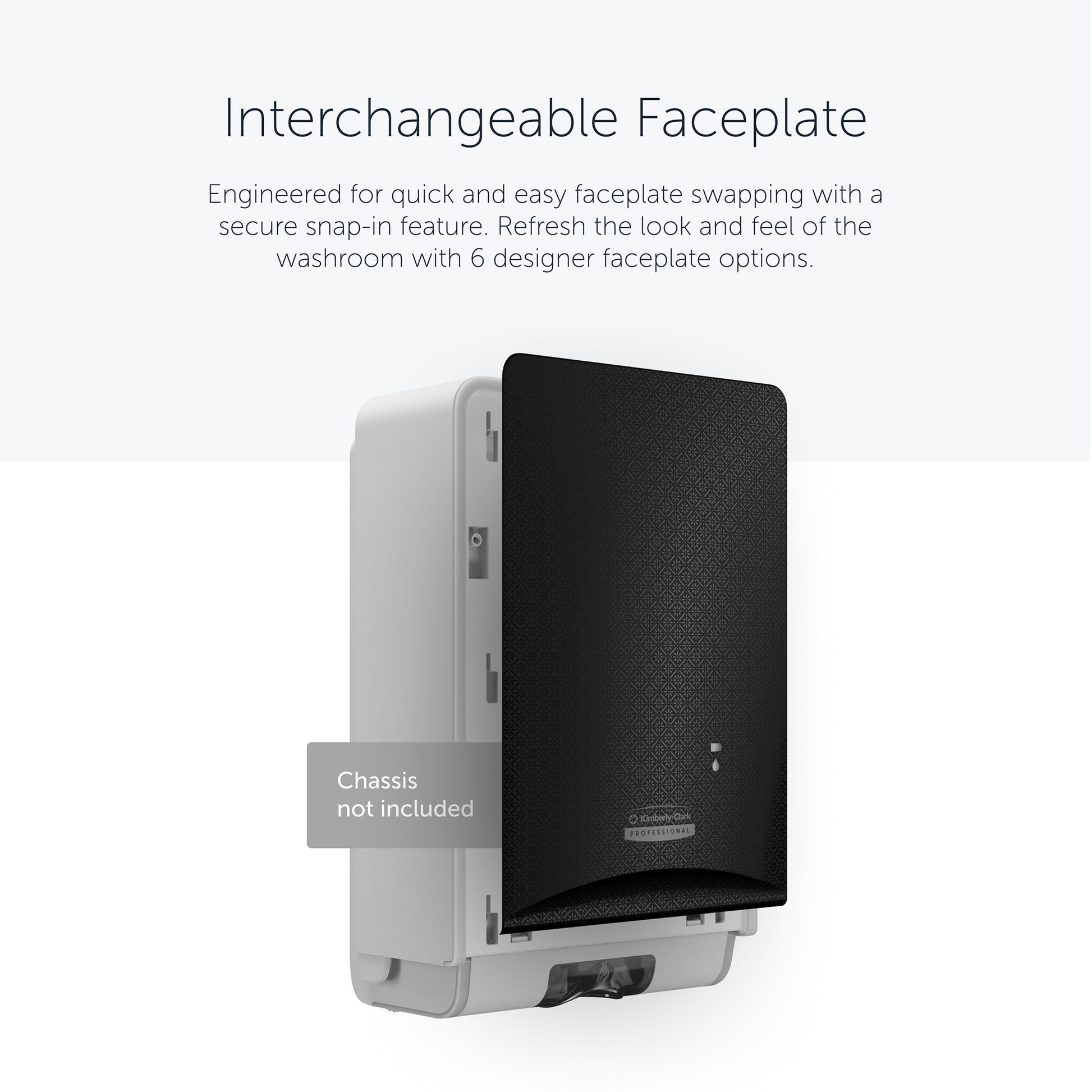 Die Kimberly-Clark Professional™ Icon™ Dispenser Faceplate - eSkinCare (20,32 x 27,30 x 3,81 cm) von Kimberly-Clark GmbH ist teilweise geöffnet und leicht austauschbar; Gehäuse nicht im Lieferumfang enthalten.