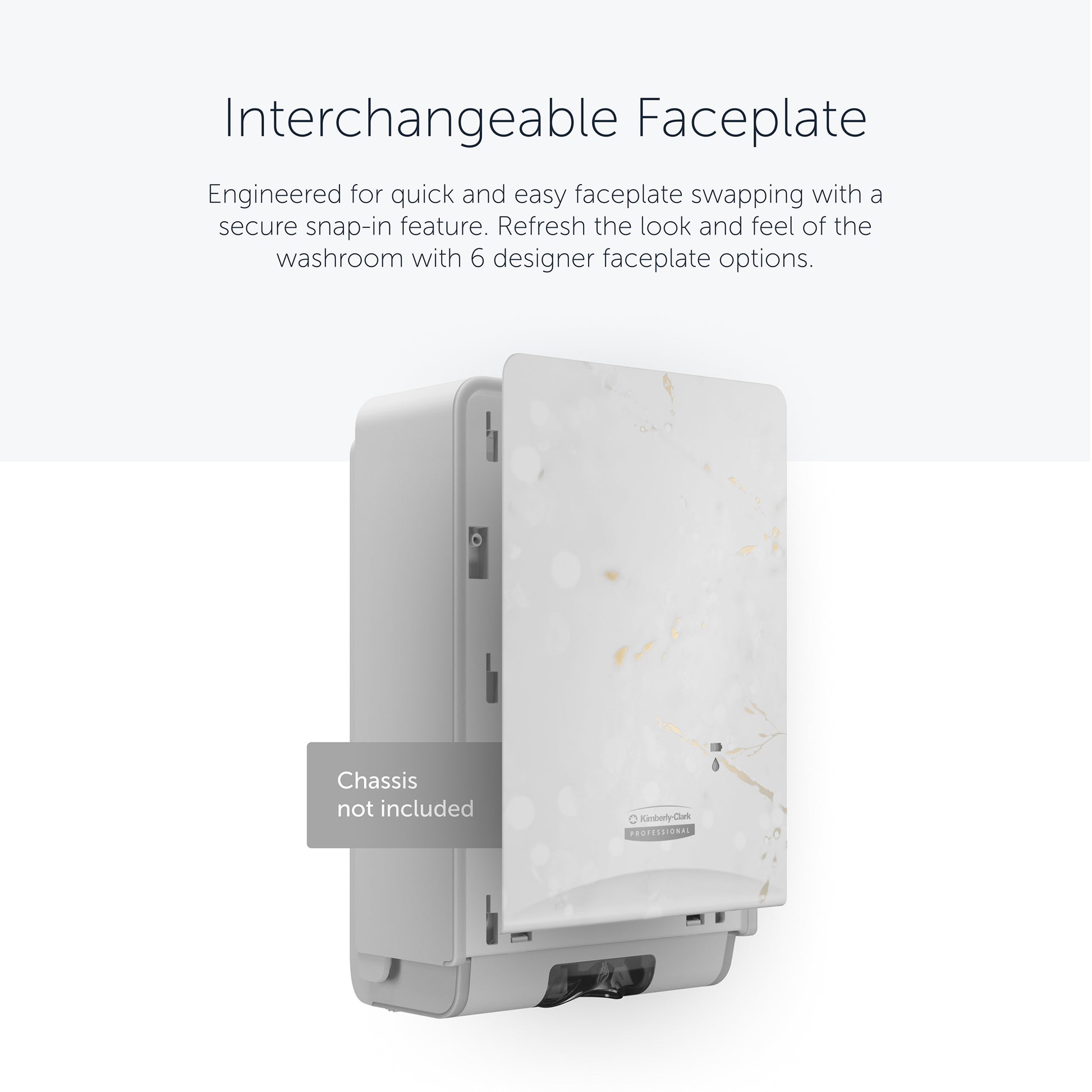 Die Kimberly-Clark Professional™ Icon™ Dispenser Faceplate - eSkinCare (20,32 x 27,30 x 3,81 cm) der Kimberly-Clark GmbH zeichnet sich durch ein Marmormuster und einen einfachen Wechsel zwischen sechs Designoptionen aus und wertet Ihr Waschraumzubehör auf. Chassis nicht enthalten.