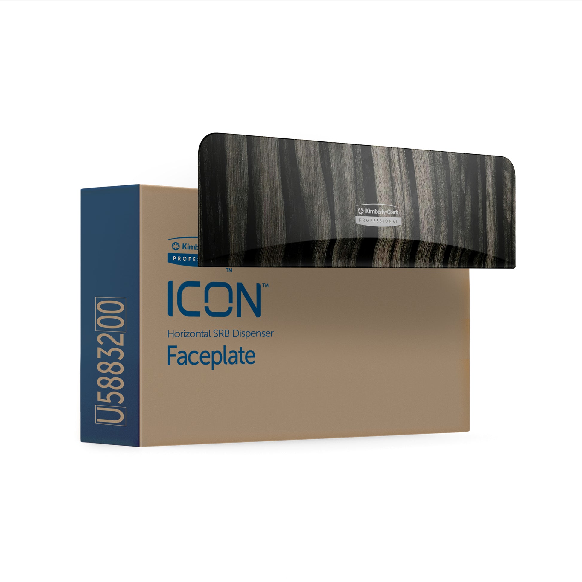 Die langlebige Kimberly-Clark Professional™ Icon™ Dispenser Faceplate - SRBH (32,39 x 10,80 x 3,18 cm) von Kimberly-Clark GmbH mit dunkler Holzmaserung wird über eine Box mit "ICON Faceplate" und "U583200" präsentiert.