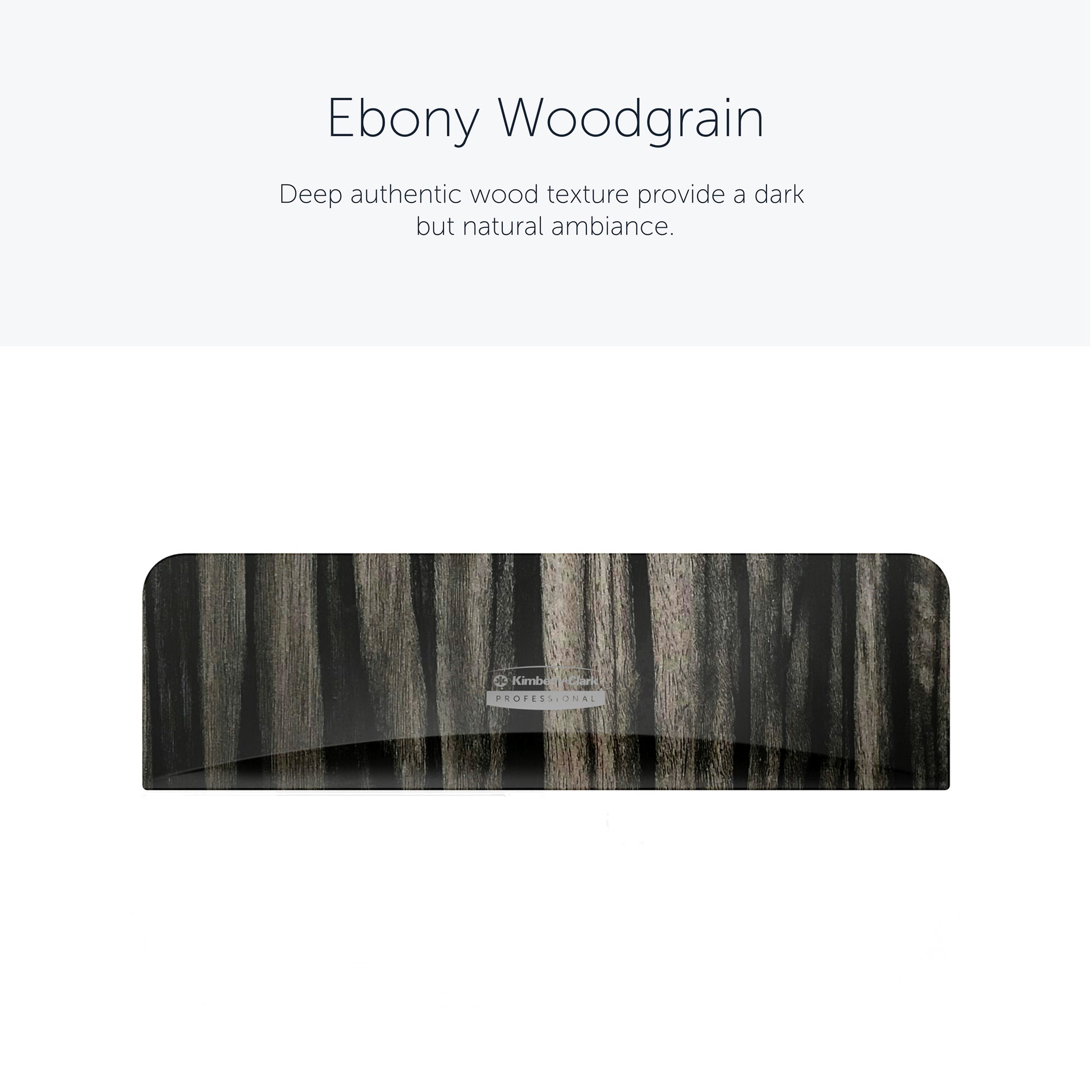 Eine Handballenauflage mit Ebenholzmaserung und realistischen Dunkel-Licht-Streifen spiegelt das hochwertige Aussehen und den langlebigen Stil des Kimberly-Clark Professional™ Icon™ Dispenser Faceplate - SRBH von Kimberly-Clark GmbH wider.