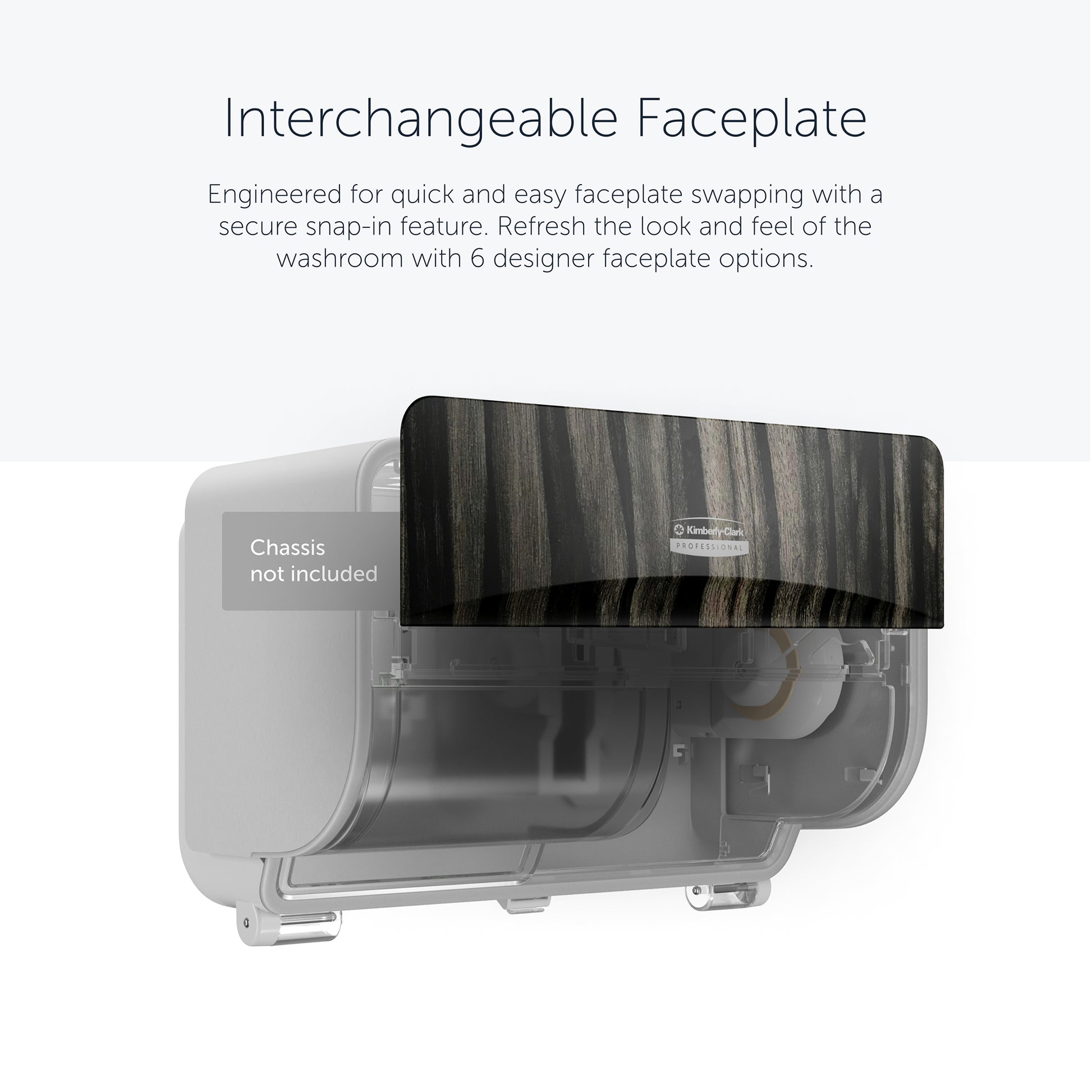 Eine Kimberly-Clark Professional™ Icon™ Dispenser Faceplate - SRBH (32,39 x 10,80 x 3,18 cm) der Kimberly-Clark GmbH ist an einem Papierhandtuchspender angebracht und zeigt die sichere Einrastfunktion, das robuste Design und die zahlreichen Designoptionen.