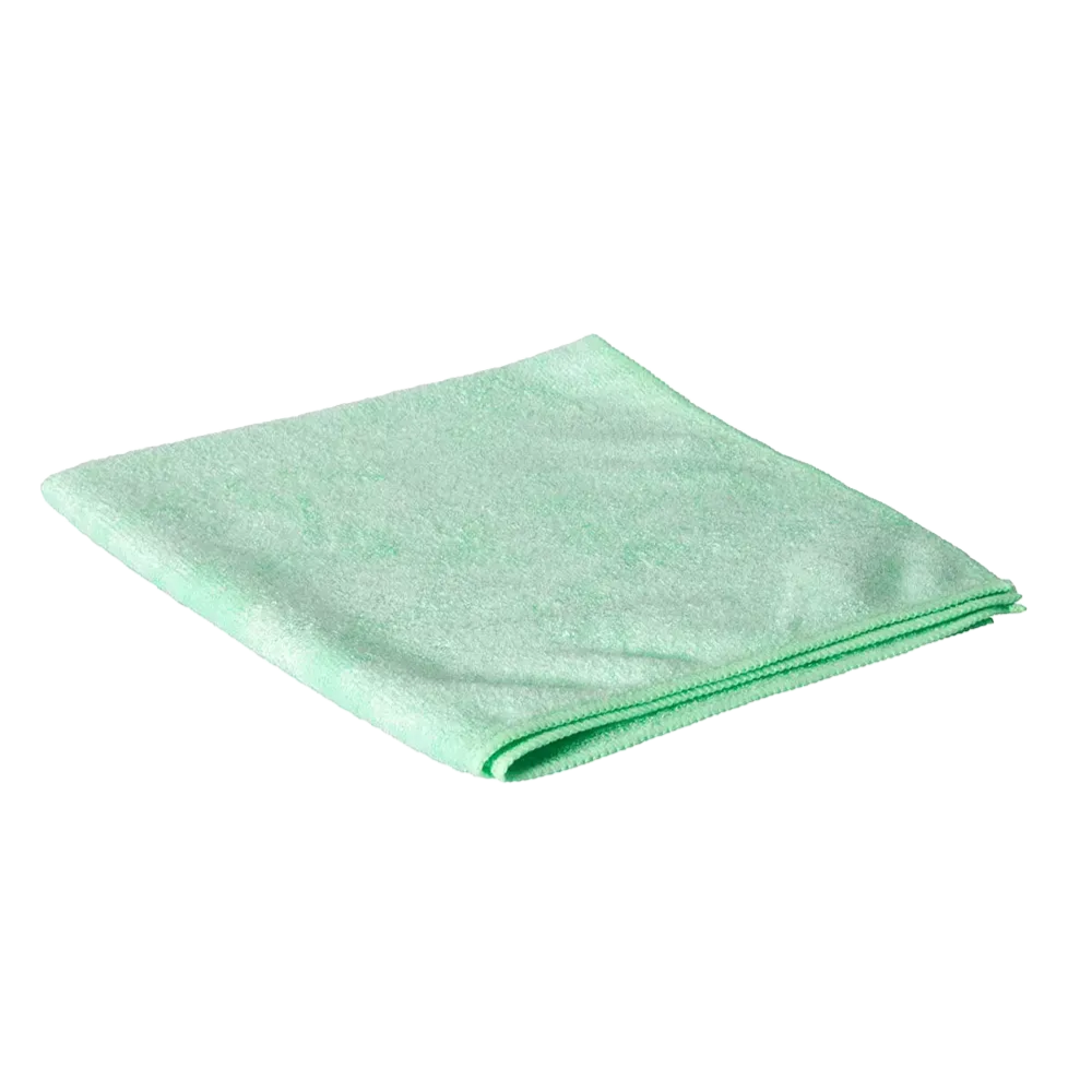 Auf weißem Untergrund liegt ein sauber gefaltetes quadratisches AMPri Clean Comfort Microfasertuch 40 x 40, der AMPri Handelsgesellschaft mbH.
