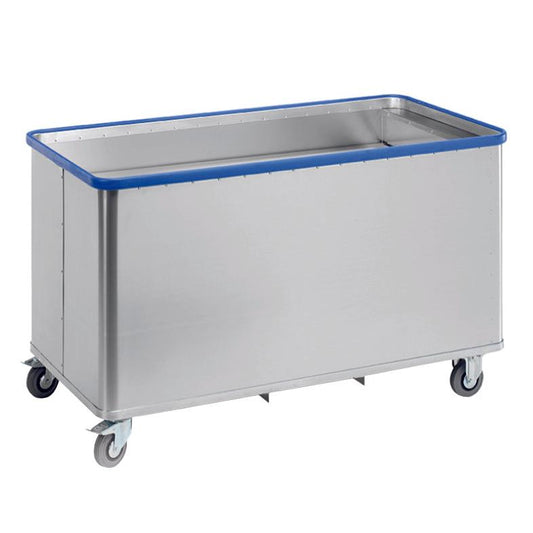 Der Novocal Federbodenwagen - mit Deckeldämpfung (Packung 1 Stück) von Novocal ist ein großer, robuster Metallwagen mit blauem Rand und vier Lenkrollen, ideal für den industriellen Einsatz. Abgebildet auf einfarbig weißem Hintergrund.