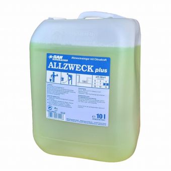 Ein 10L durchsichtiger Behälter der Abena Re-Seller GmbH GastroPower Allzweckreiniger, farblos und geruchsneutral, mit eingebautem Griff. Das deutsche Etikett zeigt "ALLZWECK plus" und Anwendungshinweise - ideal für den Reinigungsbedarf in der Gastronomie.