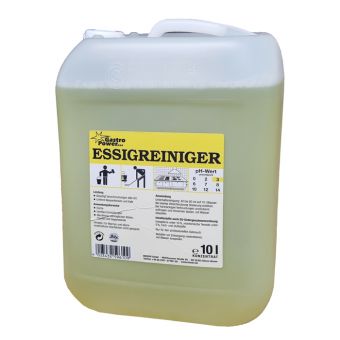Der 10L GastroPower Essigreiniger von Abena Re-Seller GmbH kommt in einem durchsichtigen Behälter mit weißem Deckel und gelbem Etikett, ideal für die Küchenreinigung. Das Etikett enthält Anweisungen, Sicherheitssymbole, Informationen über Kalkablagerungen und eine pH-Tabelle.