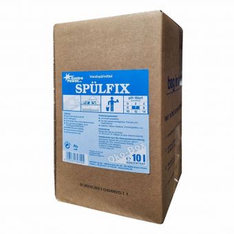 Ein brauner Karton mit der Aufschrift "GastroPower Spülfix Öko-Box, 10 l" der Abena Re-Seller GmbH mit blau-weißer Anleitung, Gefahrensymbolen und einer 10-Liter-Marke; dieses biologisch abbaubare Spülmittel ist umweltfreundlich.