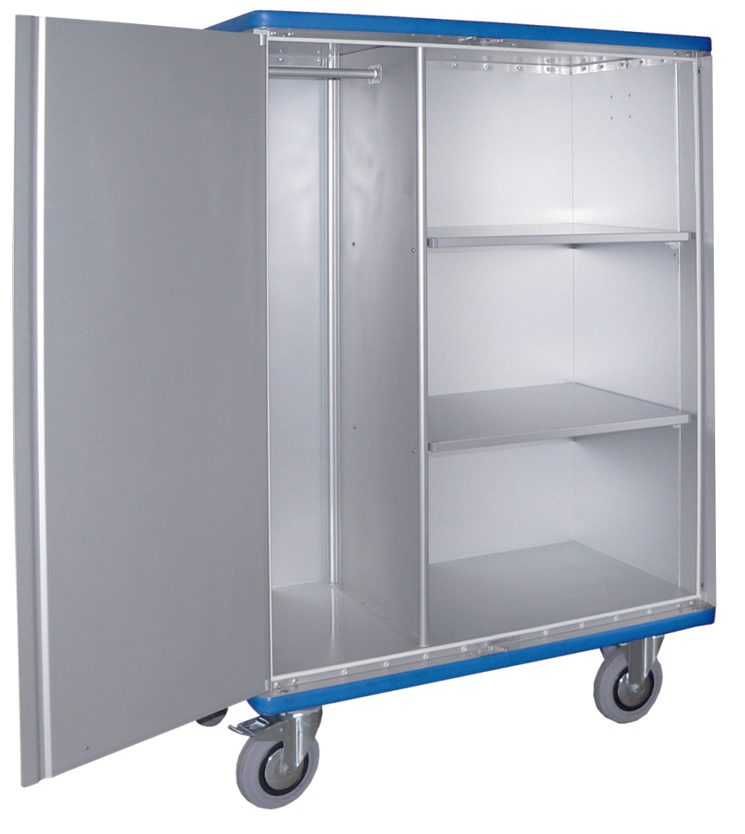Der Novocal Schrankwagen aus eloxiertem Aluminium bietet mit 2 um 270° schwenkbaren Flügeltüren, Hängestange links und zwei verstellbaren Regalböden rechts flexible Aufbewahrung für Materialien. Packung: 1 Stück.