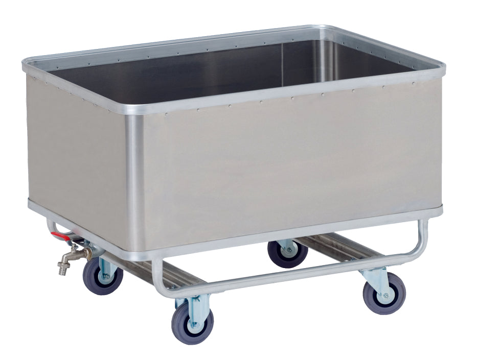 Der Novocal Transportcontainer ist ein rechteckiger Aluminium, wasserdichter Wagen mit vier blauen Lenkrollen und einem Ablassventil, ideal für die industrielle oder kommerzielle sichere Handhabung von Flüssigkeiten. Packung: 1 Stück. Marke: Novocal.