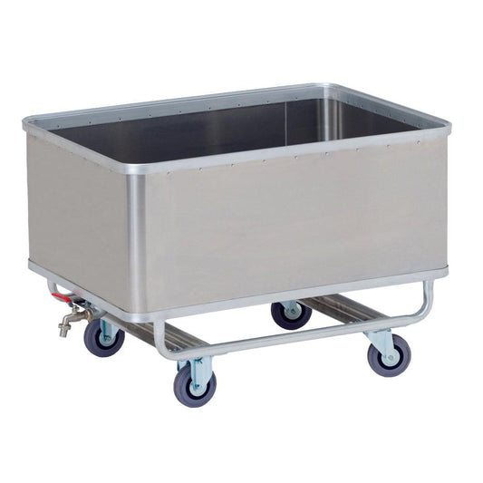 Der Novocal Transportcontainer ist ein rechteckiger Aluminium, wasserdichter Wagen mit vier blauen Lenkrollen und einem Ablassventil, ideal für die industrielle oder kommerzielle sichere Handhabung von Flüssigkeiten. Packung: 1 Stück. Marke: Novocal.