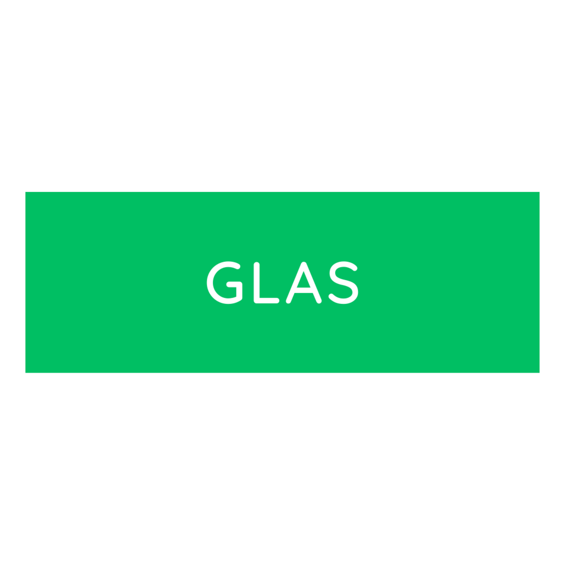 Der Novocal Farbiger Wertstoffaufkleber klein (1 Stück) zeigt ein grünes Rechteck mit "GLAS" in weißen Großbuchstaben in der Mitte, ideal zur Abfalltrennung. Der Bereich außerhalb des Rechtecks hat einen weißen Hintergrund.