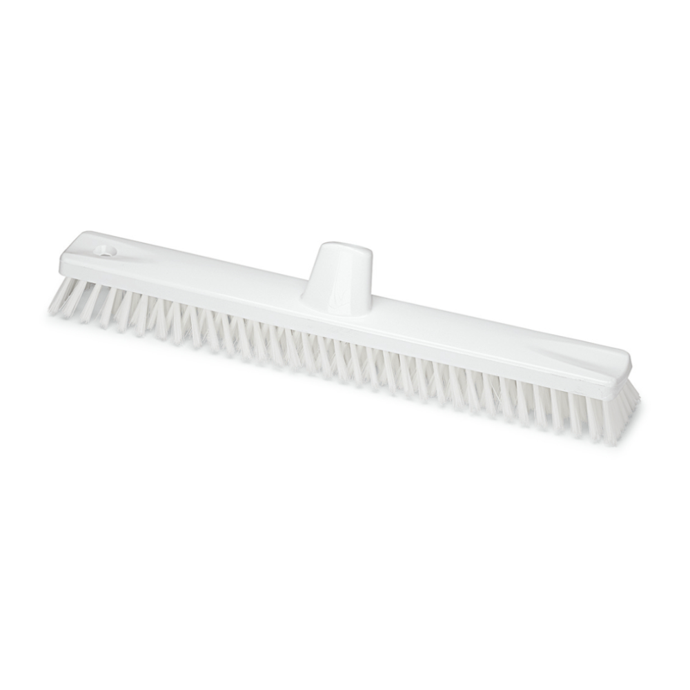 Der Nölle Profi Brush HACCP Großflächenwischer 45 cm von Nölle Profi Brush Bürsten- & Pinseltechnik e.K. ist eine langlebige weiße Scheuerbürste mit dicht gepackten Borsten und einer zentralen Bohrung zur Stielbefestigung, perfekt zum Reinigen großer Flächen.