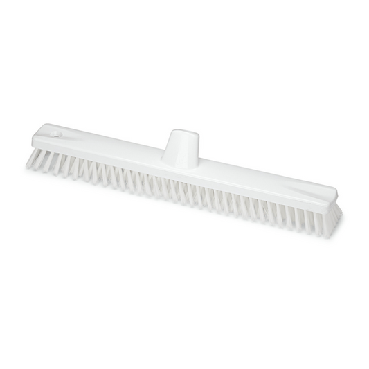 Der Nölle Profi Brush HACCP Großflächenwischer 45 cm von Nölle Profi Brush Bürsten- & Pinseltechnik e.K. ist eine langlebige weiße Scheuerbürste mit dicht gepackten Borsten und einer zentralen Bohrung zur Stielbefestigung, perfekt zum Reinigen großer Flächen.