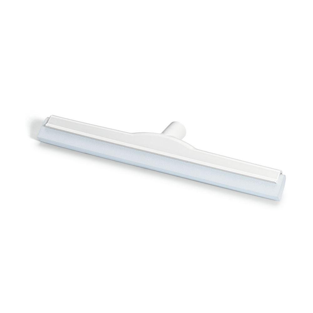 Der Nölle Profi Brush HACCP-Abzieher mit geradem Griff und einzigartigem Doppellippen-Design verbindet Funktionalität mit Stil. Er verfügt über eine hellblaue Gummilippe in einem weißen Glasfaserverstärkungsrahmen aus Kunststoff, der für mehr Stabilität auf einem schlichten weißen Hintergrund angebracht ist.