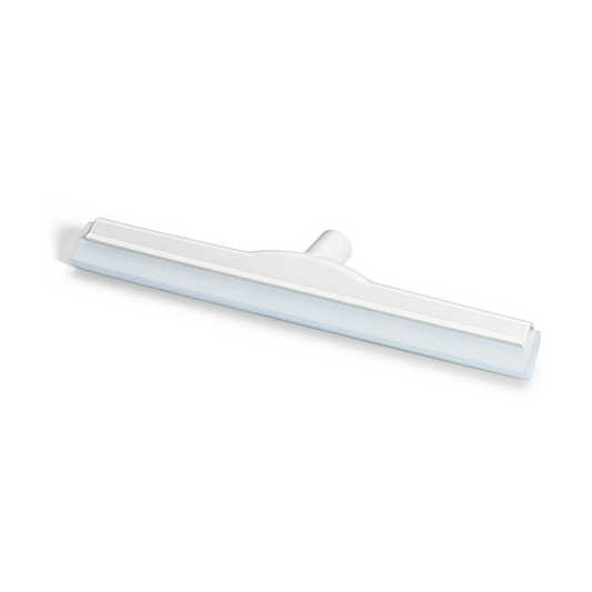 Der Nölle Profi Brush HACCP-Abzieher mit geradem Griff und einzigartigem Doppellippen-Design verbindet Funktionalität mit Stil. Er verfügt über eine hellblaue Gummilippe in einem weißen Glasfaserverstärkungsrahmen aus Kunststoff, der für mehr Stabilität auf einem schlichten weißen Hintergrund angebracht ist.
