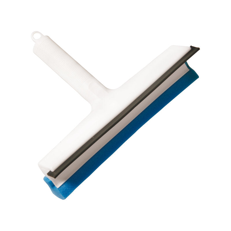 Der Haug Bürsten KG FENSTERREINIGER 255MM in weiß hat einen gerippten Griff, eine schwarze Gummilippe und einen blauen Spezialschwammstreifen an der Basis, der auf weißem Hintergrund abgebildet ist.