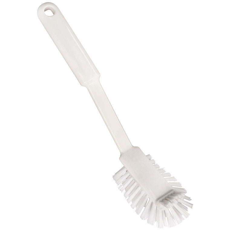 Die DIE SANFTE KRATZBÜRSTE von Haug Bürsten KG ist eine weiße Nylon 6.6 Spülbürste (ø 0,40mm, mittel) mit langem Stiel und Aufhängeloch, ideal für die schonende Reinigung. Größe: 275x60x20 mm.