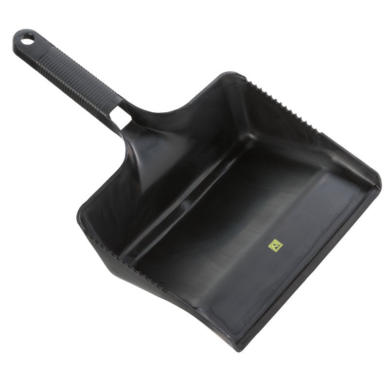 Der ESD KEHRSCHAUFEL ECKIG,O.LIPPE SCHWARZ (350x222x110mm) von Haug Bürsten KG verfügt über einen geriffelten Griff und einen kleinen gelben Aufkleber, abgebildet auf weißem Hintergrund - ideal für elektrostatisch empfindliche Umgebungen.