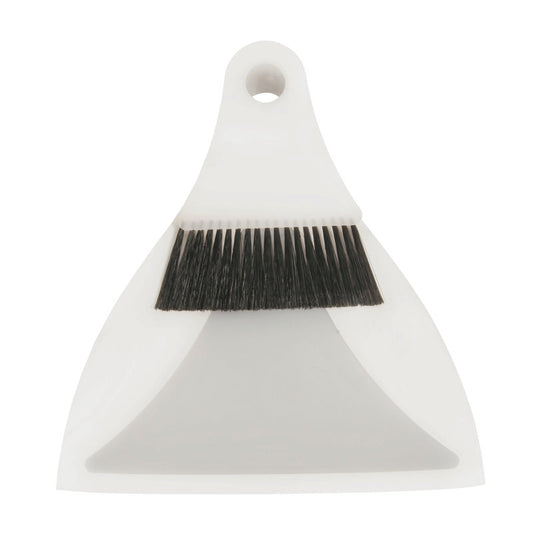 Die FLEXI KEHRGARNITUR/TISCHKEHRER POLYESTER, ø 0,20MM WEICH von Haug Bürsten KG ist eine kompakte weiße Kehrschaufel und passender Handbesen mit schwarzen Borsten, minimalistischem Design, Aufhängelöchern - ideales Reinigungswerkzeug Haushalt.