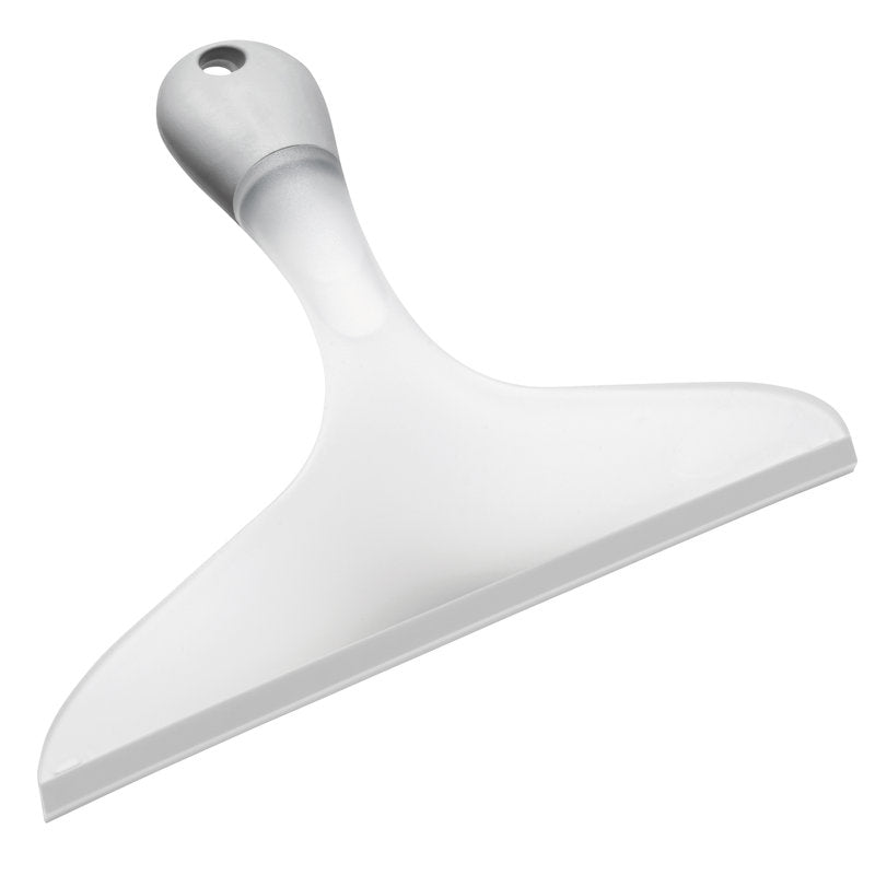 Der Haug Bürsten KG SOFT-GRIP FENSTERWISCHER, MIT ANGESP.LIPPE, 250MM, WEISS hat ein weiß-silbernes Kunststoffdesign mit breiter Klinge und Aufhängeloch, ideal für streifenfreies Fensterputzen.