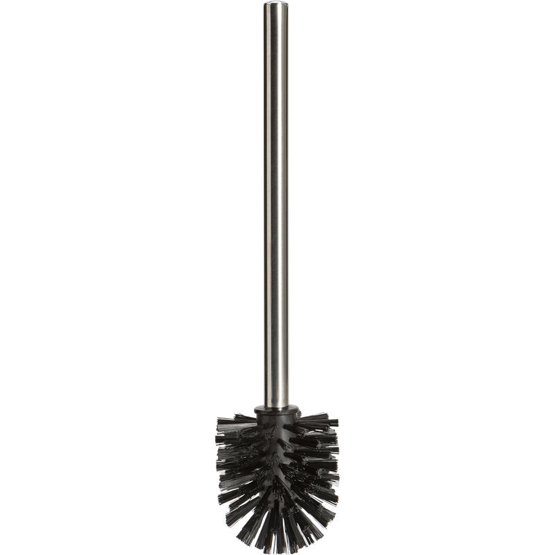 Der WC-RUNDBÜRSTE MIT EDELSTAHL-GRIFF,SCHWARZ,ø0,40MM MITTEL von Haug Bürsten KG verfügt über einen langen Edelstahlgriff und dichte runde Borsten - ideal für Ihr Badezimmer. Abgebildet vor einem schlichten weißen Hintergrund.