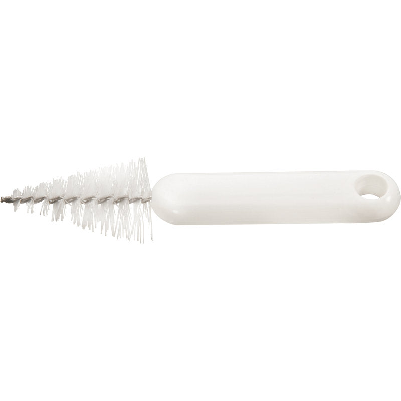 Die Haug Bürsten KG SPRITZTÜLLENBÜRSTE, ø 3/28mm, Nylon 6.6 weiß mit ø 0,30mm mittleren Borsten ist ideal für die Reinigung von engen Räumen. Ihr weißer Kunststoffstiel hat ein Aufhängeloch; perfekt als praktisches Backzubehör.