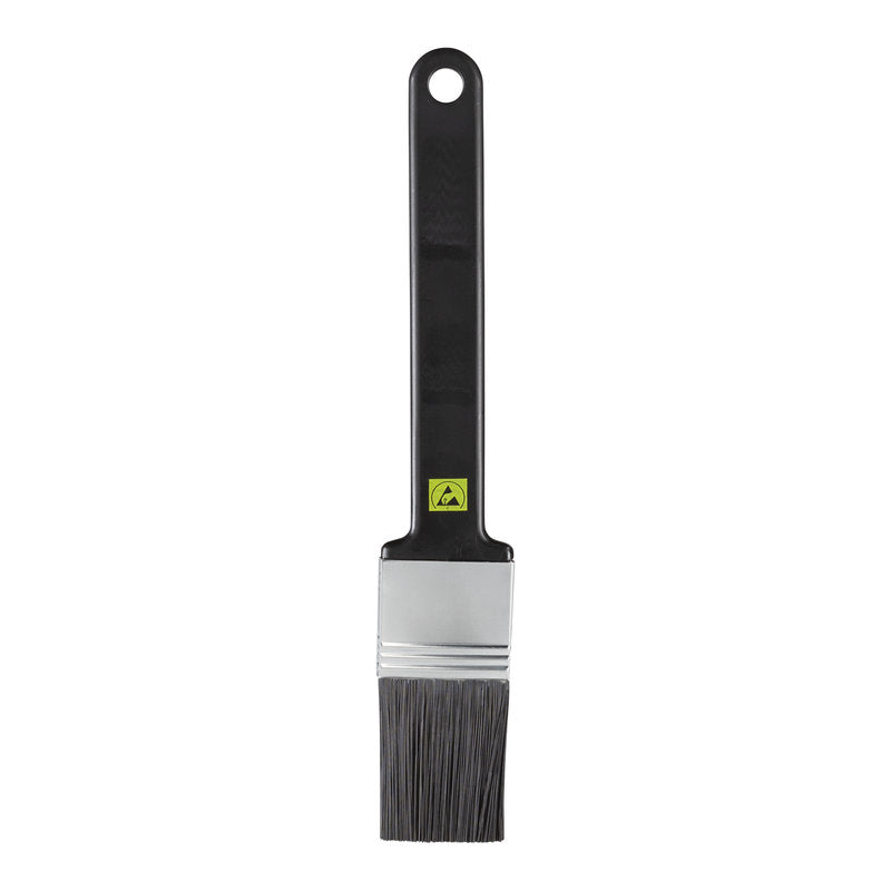 Flacher, schwarzer Griff Haug Bürsten KG ESD FLACHPINSEL NYL6.0 mit weichen synthetischen Borsten (ø0,30mm), Metallzwinge und Griffloch; ideal für die schonende antistatische Reinigung von empfindlicher Elektronik. Abgebildet auf weiß.