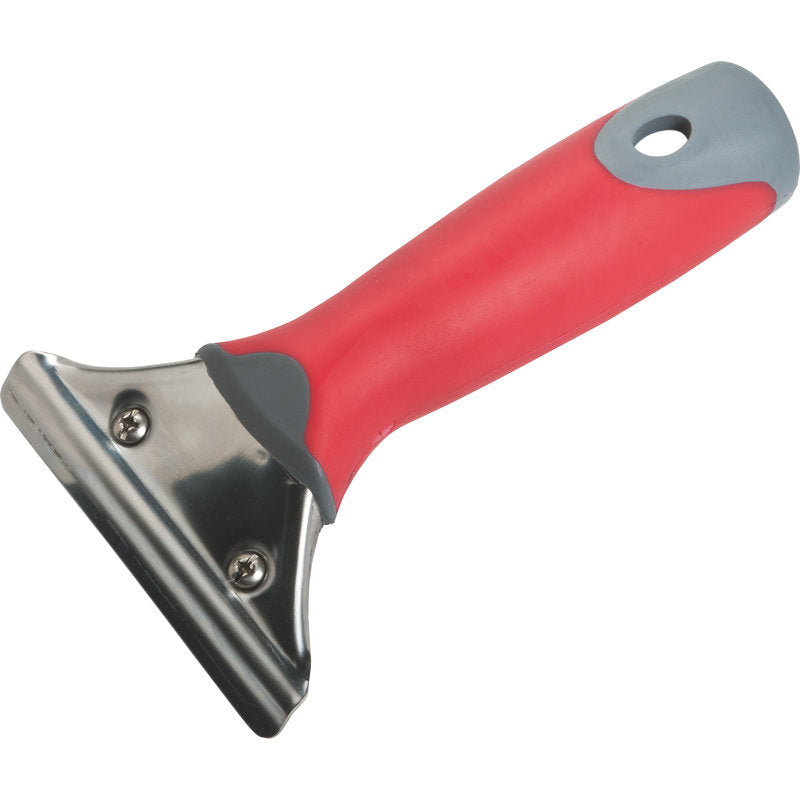 Der FENSTERWISCHER-GRIFF,EDELSTAHL von Haug Bürsten KG hat einen ergonomischen rot-grauen Griff und eine breite Klinge mit zwei Schrauben, die sich perfekt zum Entfernen von Material von flachen Oberflächen beim Fensterputzen eignet. Geeignet für Art. 8525, 8535, 8545, 8689.