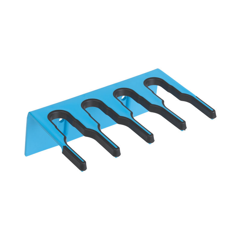 Die KUNSTSTOFF-GERÄTELEISTE 200x70x125 mm von Haug Bürsten KG ist eine blaue Wandhalterung aus Metall mit vier schwarzen U-förmigen Schlitzen zur Organisation von Gegenständen wie Kabeln oder Werkzeugen.