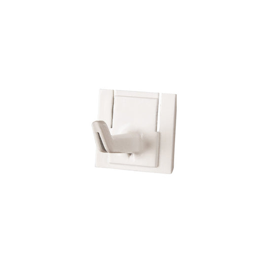 Die ERSATZ-STIELHALTERUNG HAKEN 42x32x31mm von Haug Bürsten KG ist ein kleiner, weißer Kunststoff-Wandhaken mit quadratischer Grundfläche, perfekt für die Organisation von Werkzeug oder Befestigung Werkzeug. Geeignet für die Verwendung mit Art.8699. Fotografiert auf einem einfachen weißen Hintergrund.