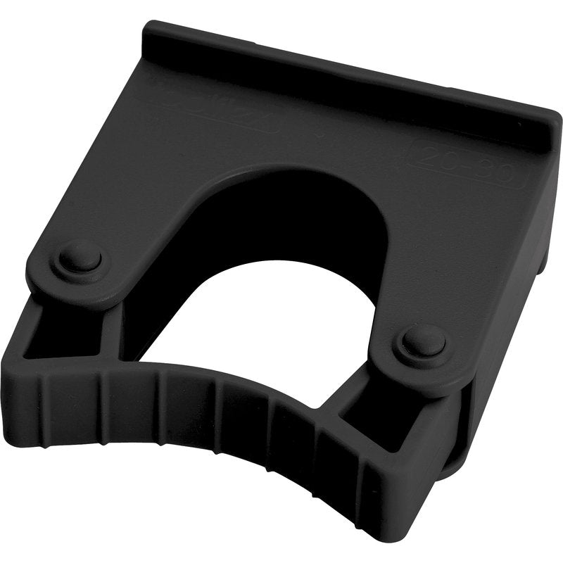 Die ERSATZ-STIELHALTERUNG 20-30MM (70x35x75mm) der Haug Bürsten KG aus schwarzem Kunststoff hat eine rechteckige Oberseite, eine U-förmige Öffnung, gerippte Unterkanten und zwei runde Nieten - ideal als robuster Ersatzgriffhalter.