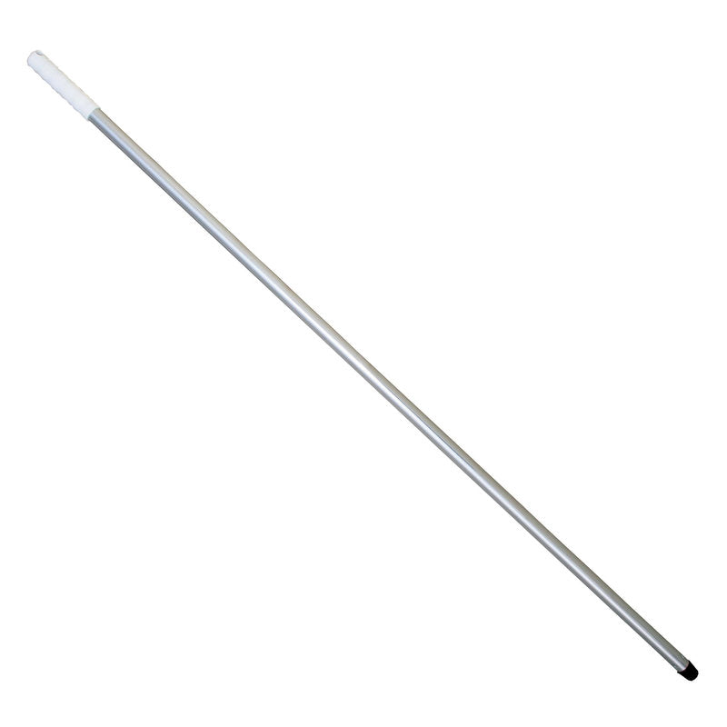 Der Moppstiel ALUSTIEL der Haug Bürsten KG ist 1400mm lang, aus silbernem Aluminium (ø 22mm, Wandstärke 1mm), mit einem weißen Kunststoffgriff auf der einen Seite und einer schwarzen Spitze auf der anderen Seite, abgebildet auf einem schlichten weißen Hintergrund.