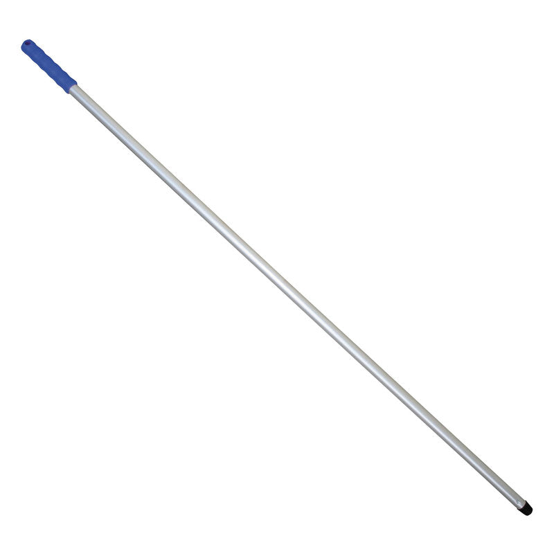 Der Haug Bürsten KG ALUSTIEL ist ein 1400mm langer, silberner Aluminiumstab (ø 22mm, Wandstärke 1mm) mit blauem Gummigriff und schwarzer Kappe, abgebildet auf weißem Hintergrund.