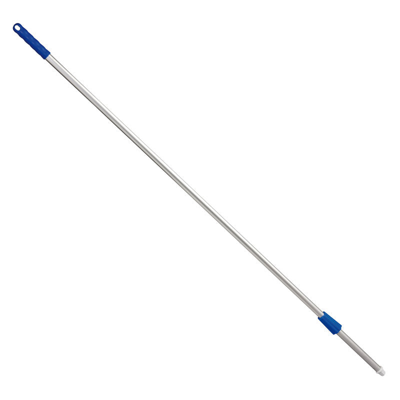 Der Haug Bürsten KG ALUSTIEL ist ein silberner Aluminium-Moppstiel mit blauem Griff, 1600 mm lang, 22 mm Außendurchmesser und 1 mm Wandstärke, isoliert auf weißem Hintergrund dargestellt.