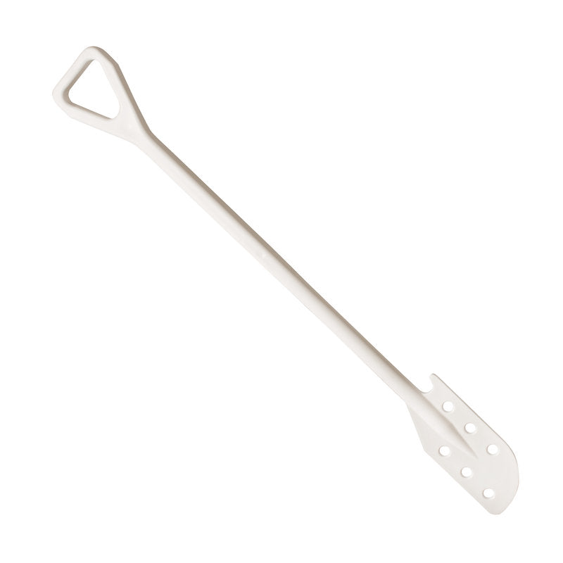 Der RÜHRLÖFFEL M.LÖCHERN,PP MIT STIEL 138X38X1190MM von Haug Bürsten KG ist ein weißer Polypropylen-Rührer mit dreieckigem Griff und flach gelochter Klinge, ideales Küchenzubehör zum Mischen von Flüssigkeiten oder Zutaten.