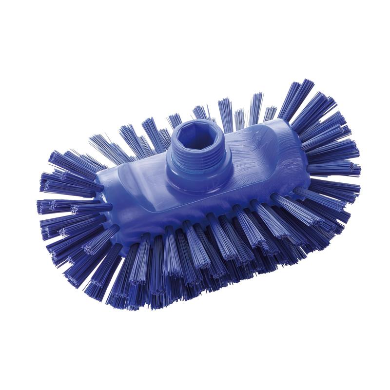 Die Haug Bürsten KG Kesselbürste PBT Hart 200x125x105 mm, abgebildet in blau, hat steife Seitenborsten und ein zentrales Gewindeloch zur Stielbefestigung. HACCP-geeignete hygienische Reinigungsbürste. Abgebildet auf weißem Hintergrund.