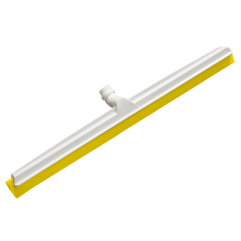 Der Haug Bürsten KG GELENK-WASSERSCHIEB 2-lippig lebensmittelecht (620x53x25mm) hat ein weißes Gehäuse, ein gelbes, lebensmittelechtes Gummiblatt und ein Gewinde für den Griff, abgebildet auf einem einfarbig weißen Hintergrund.