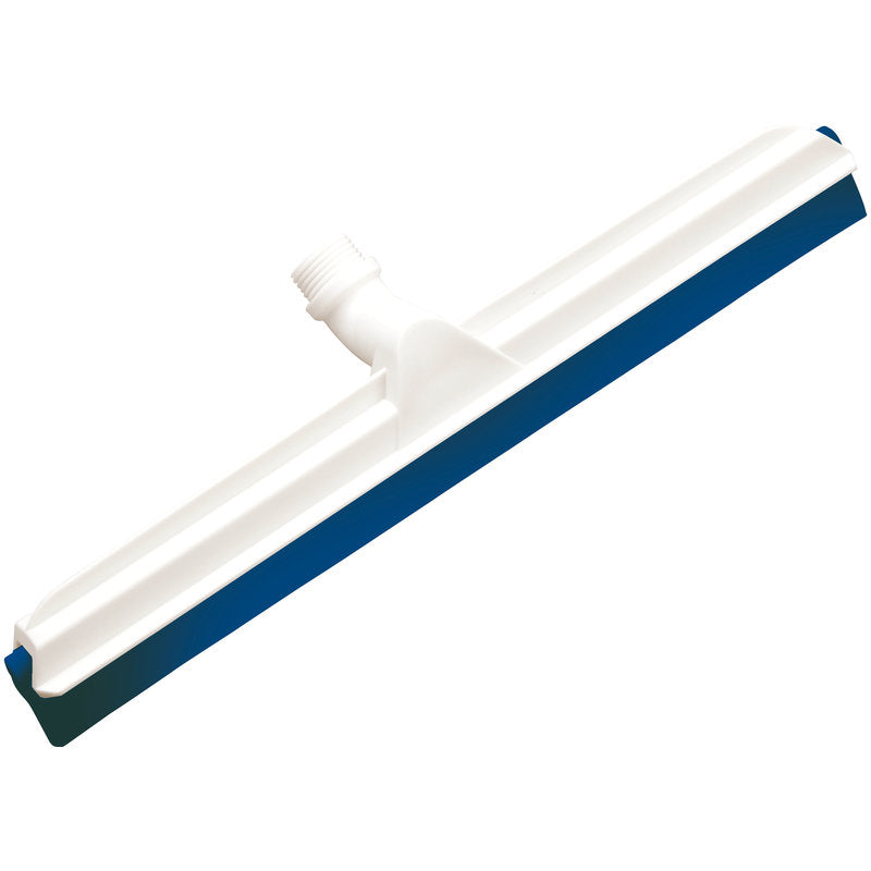 Der Haug Bürsten KG GELENK-WASSERSCHIEBER, 2-lippig Lebensmittelg., 560x43x22mm ist ein weißer Kunststoff-Bodenabzieher mit blauem Gummiblatt und zentraler Gewindemuffe, ideal für den Einsatz in der Lebensmittelindustrie.