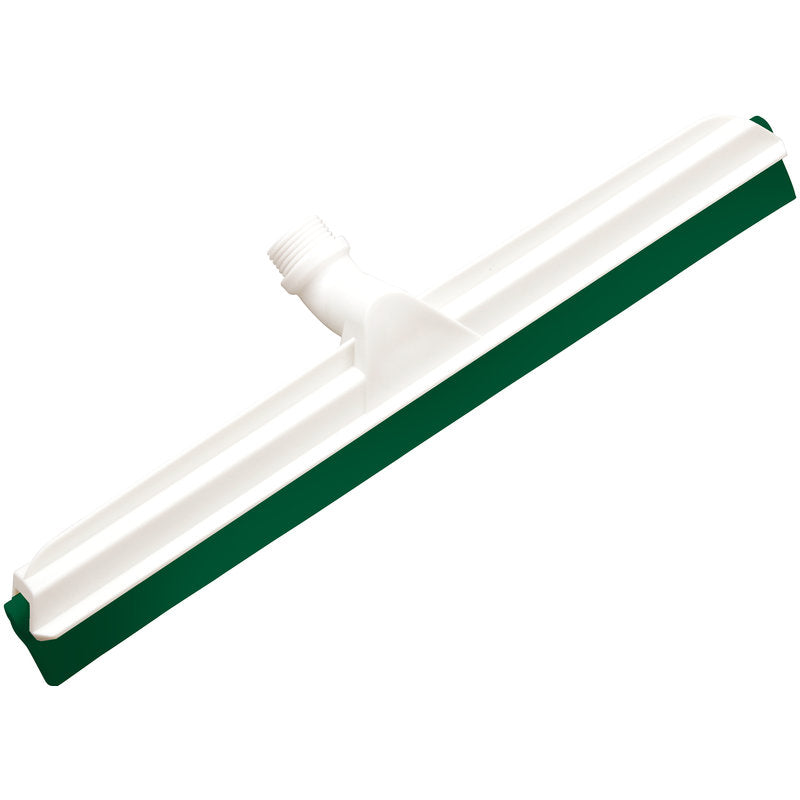 Der Haug Bürsten KG GELENK-WASSERSCHIEBER, 2-lippig Lebensmittelg., 560x43x22mm ist ein weißer Kunststoff-Bodenabzieherkopf mit grünem Gummiblatt und Gewindeanschluss, ideal für die Lebensmittelindustrie.
