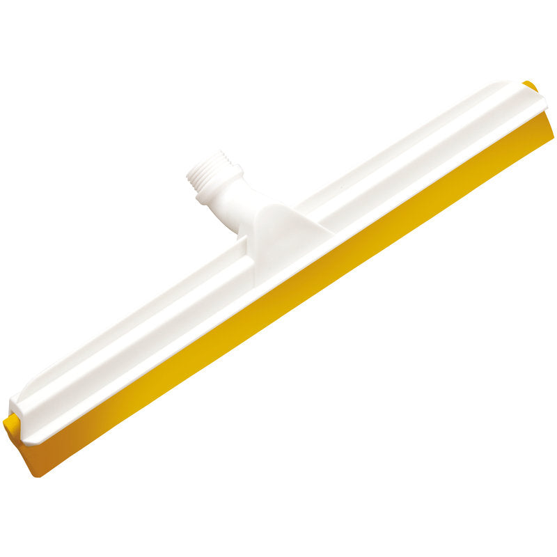 Der Haug Bürsten KG GELENK-WASSERSCHIEBER, 2-lippig Lebensmittelg., 560x43x22mm hat einen weiß-gelben Kopf mit zentraler Gewindemuffe zur Stielbefestigung, ist für die Lebensmittelindustrie konzipiert und steht auf einem schlichten weißen Hintergrund.