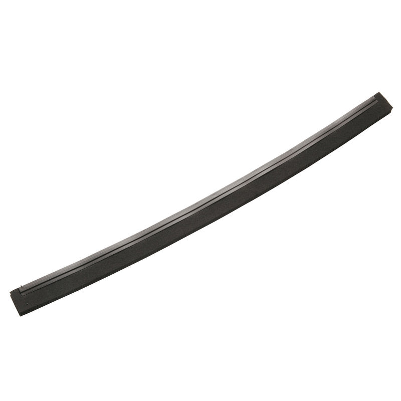 Eine einzelne schwarze ERSATZ-GUMMILIPPE,1-LIPPIG, ZELLKAUT.SCHWARZ, 420X20X22MM von Haug Bürsten KG mit einer leicht geschwungenen Form wird auf einem weißen Hintergrund fotografiert.