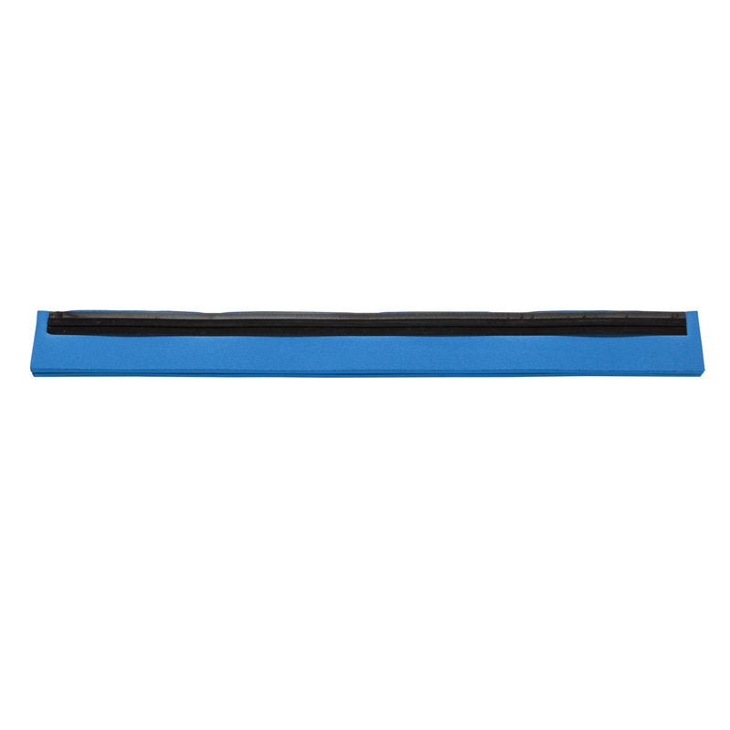 Ein blauer und schwarzer rechteckiger Haug Bürsten KG ERSATZ-GUMMILIPPE, 2-LIPPIG, 420X20X22MM Rakel mit einer flachen Klinge, von oben gesehen auf weiß; perfekt für Bodenreinigungsgeräte.