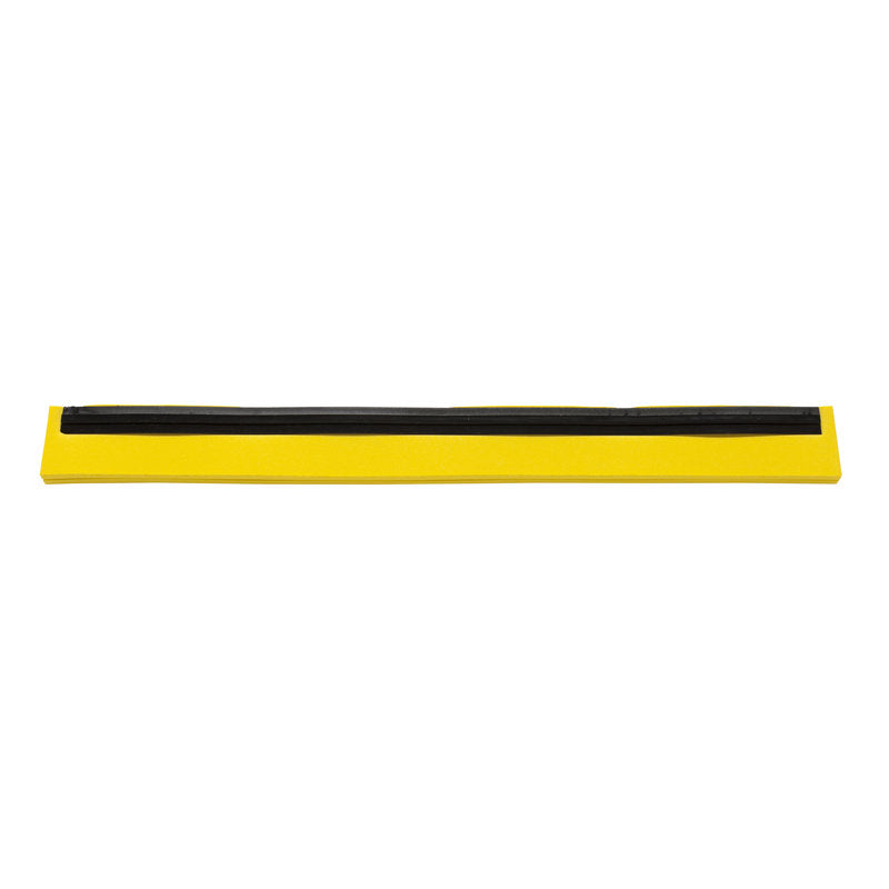 Die Haug Bürsten KG ERSATZ-GUMMILIPPE, 2-LIPPIG, 420X20X22MM ist ein gelbes, rechteckiges Abstreifblatt mit schwarzer Doppellippe, ideal für Bodenreinigungsmaschinen, abgebildet auf weißem Hintergrund.