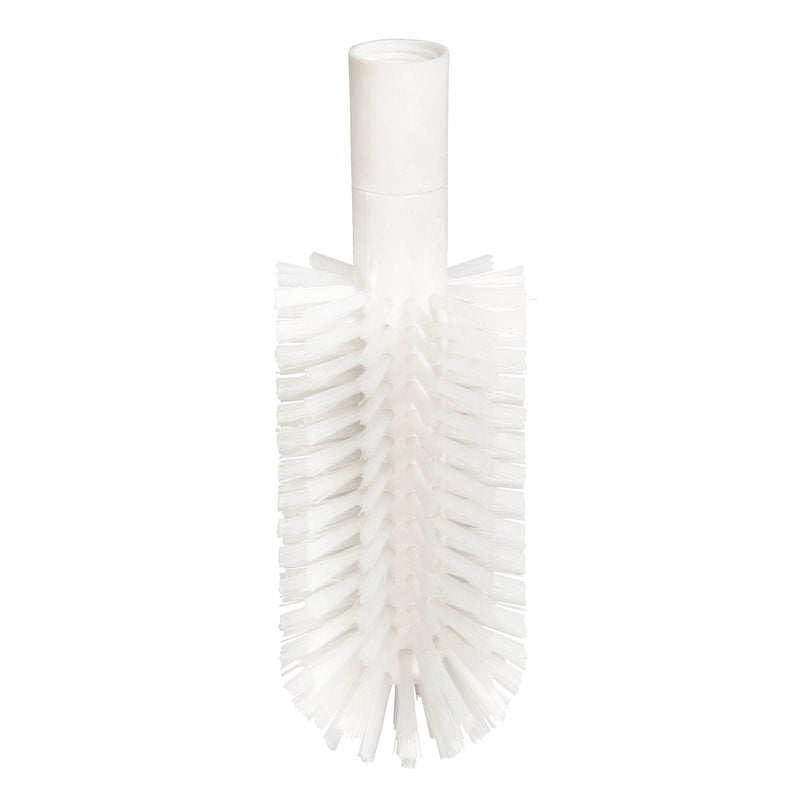 Die ROHRBÜRSTE, PBT TRANSPARENT ø0,50MM, MIT ADAPTER der Haug Bürsten KG verfügt über transparente, steife PBT-Borsten auf einem zylindrischen Körper und einen soliden Griff, ideal für die Reinigung von Flaschen oder schmalen Behältern.